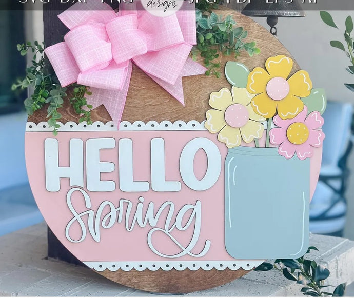 Hello Spring Door Hanger With Flowers # 828